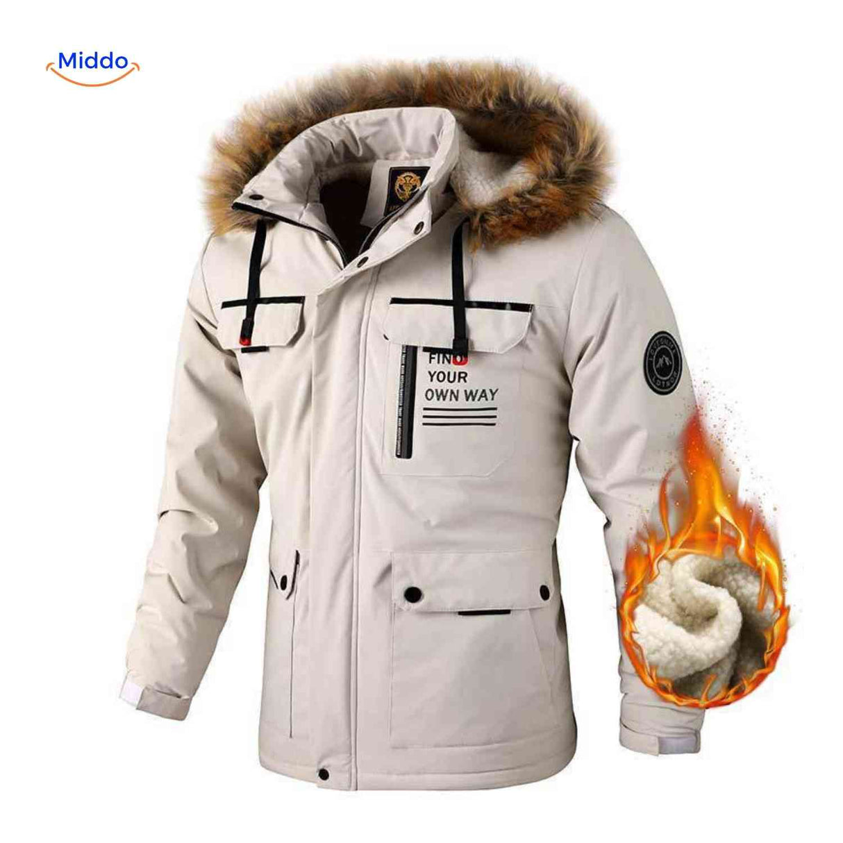Beige thermische heren parka met bontkraag en voering
