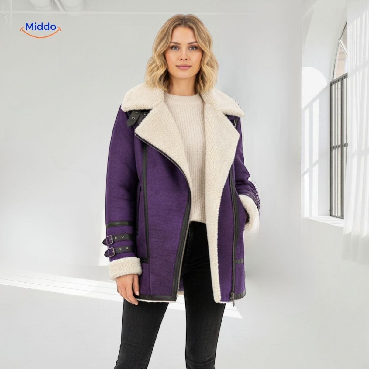 Aviator jack dames met brede kraag van imitatiebont, kleur paars