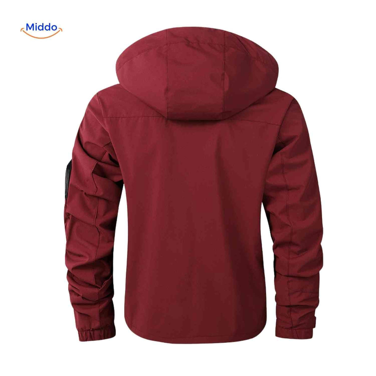 Bordeauxrode waterdichte heren outdoorjas met capuchon en armzak
