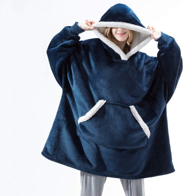 Dekenhoodie one size met fleece buitenkant en sherpa, kleur blauw - witte rand