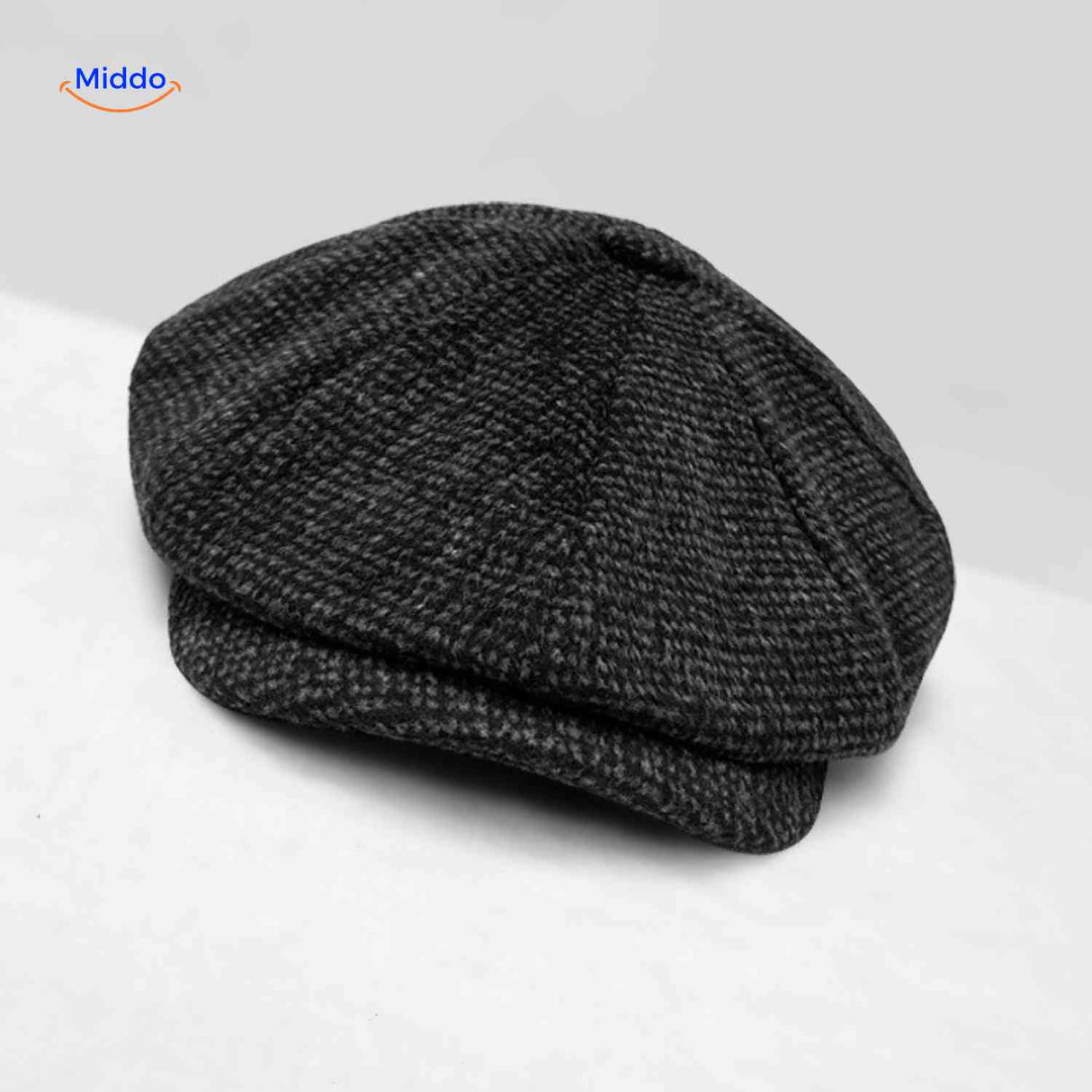Flat cap van wolmix, 8-panel met knoopdetail, kleur donker small check