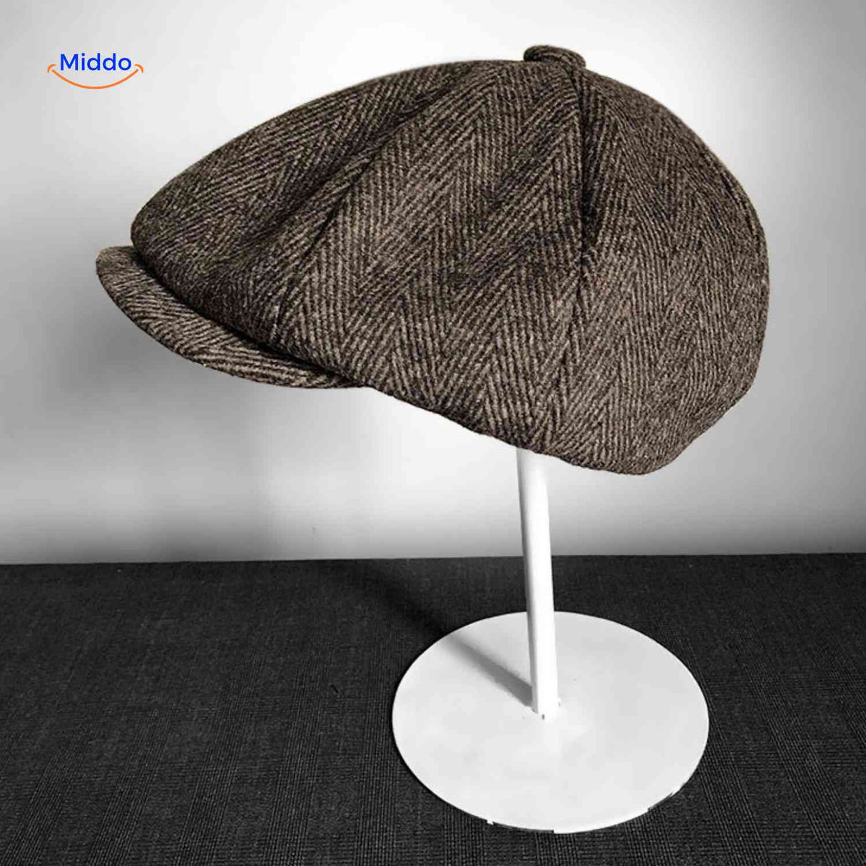 Flat cap van wolmix, 8-panel met knoopdetail, kleur klassiek bruin visgraat