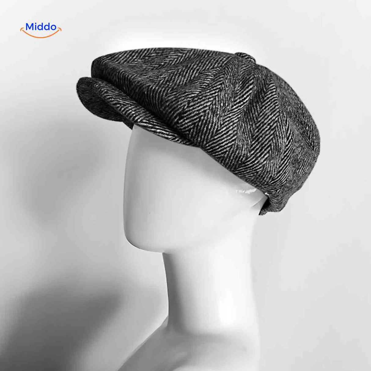 Flat cap van wolmix, 8-panel met knoopdetail, kleur lichtgrijs fijn visgraat
