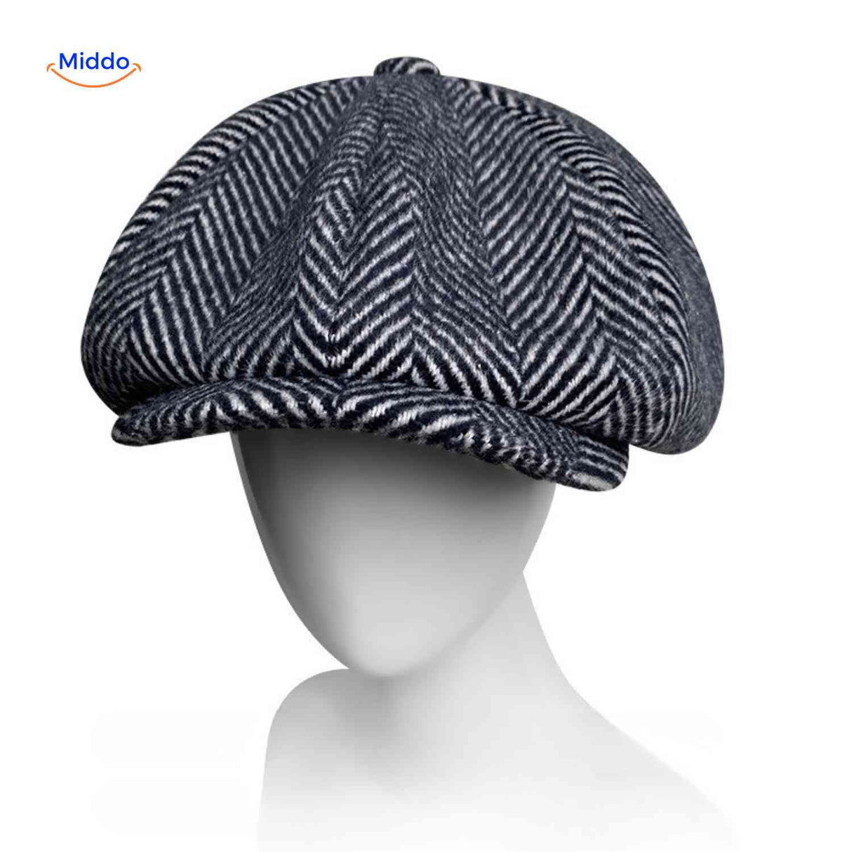 Flat cap van wolmix, 8-panel met knoopdetail, kleur marineblauw breed visgraat