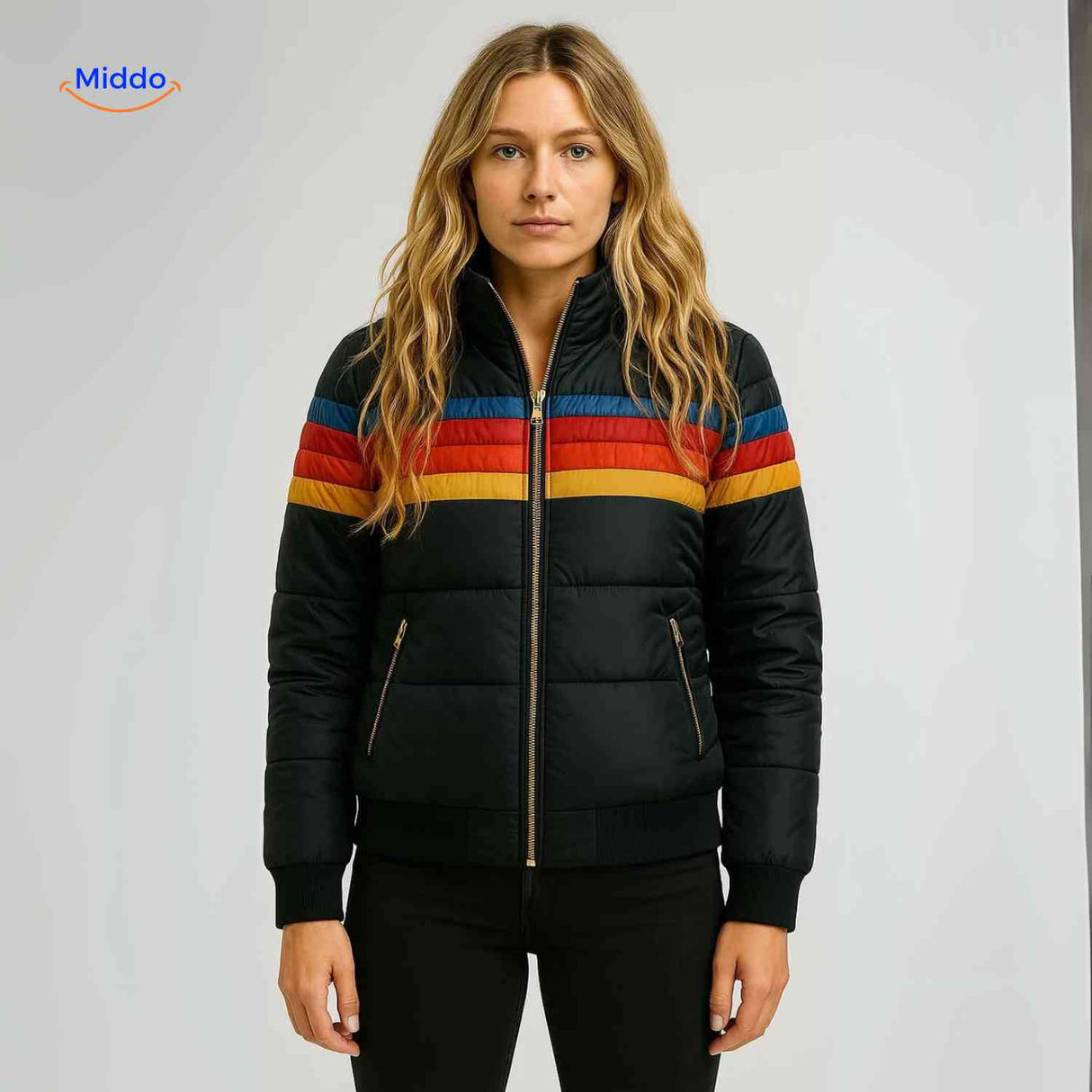Gewatteerde jas dames met retro regenboogstrepen, kleur zwart