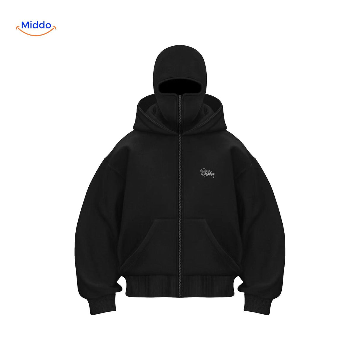 Oversized hoodie met rits tot over het gezicht, kleur zwart borduurwerk