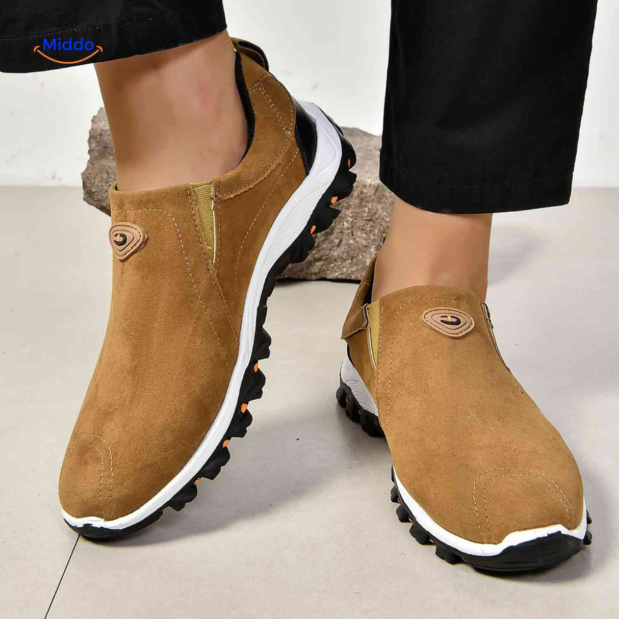 Instapschoenen heren, casual model met elastiek, kleur kaki