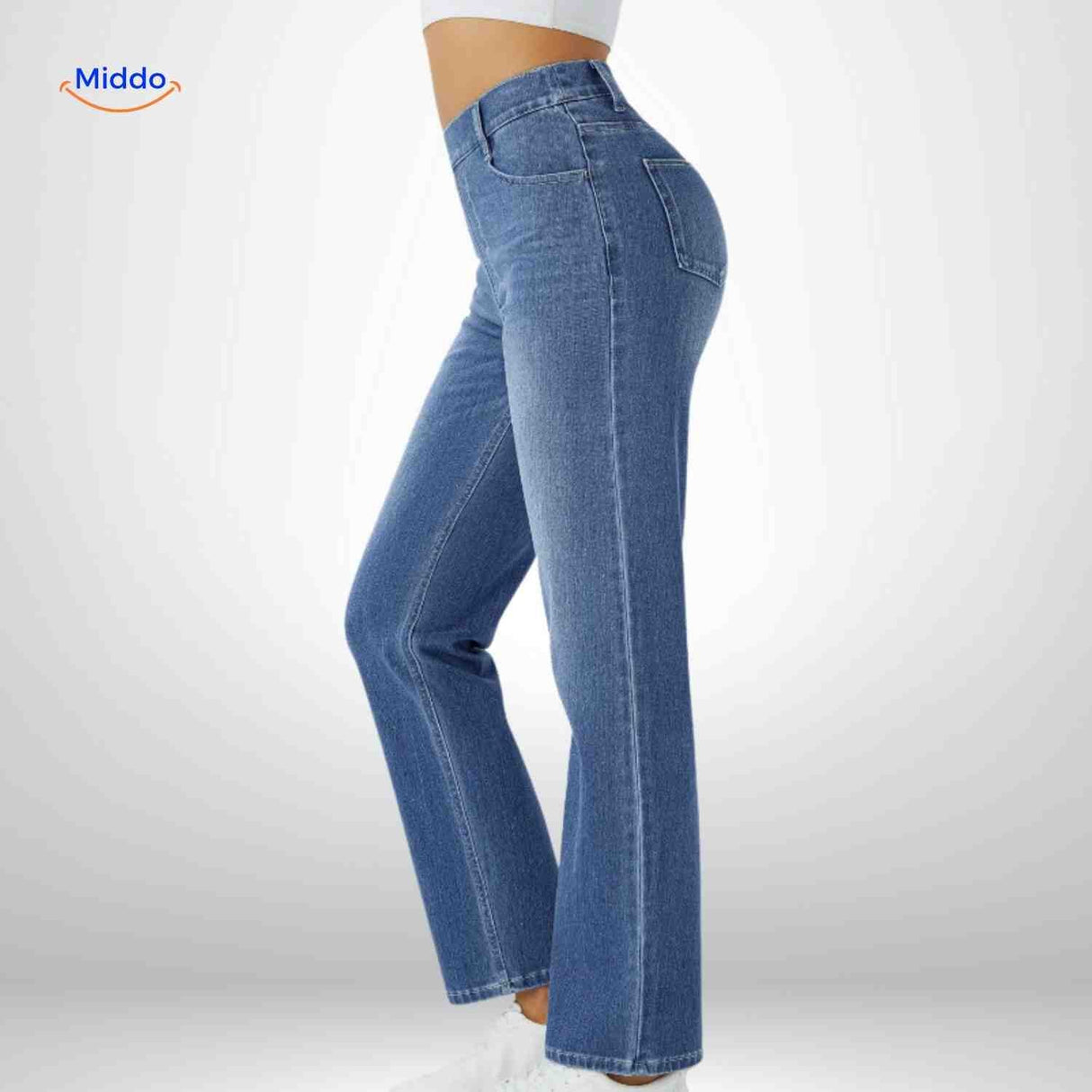 High waist jeans dames met stretch en diepe zakken