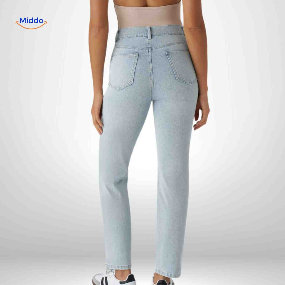 High waist jeans dames met stretch en diepe zakken