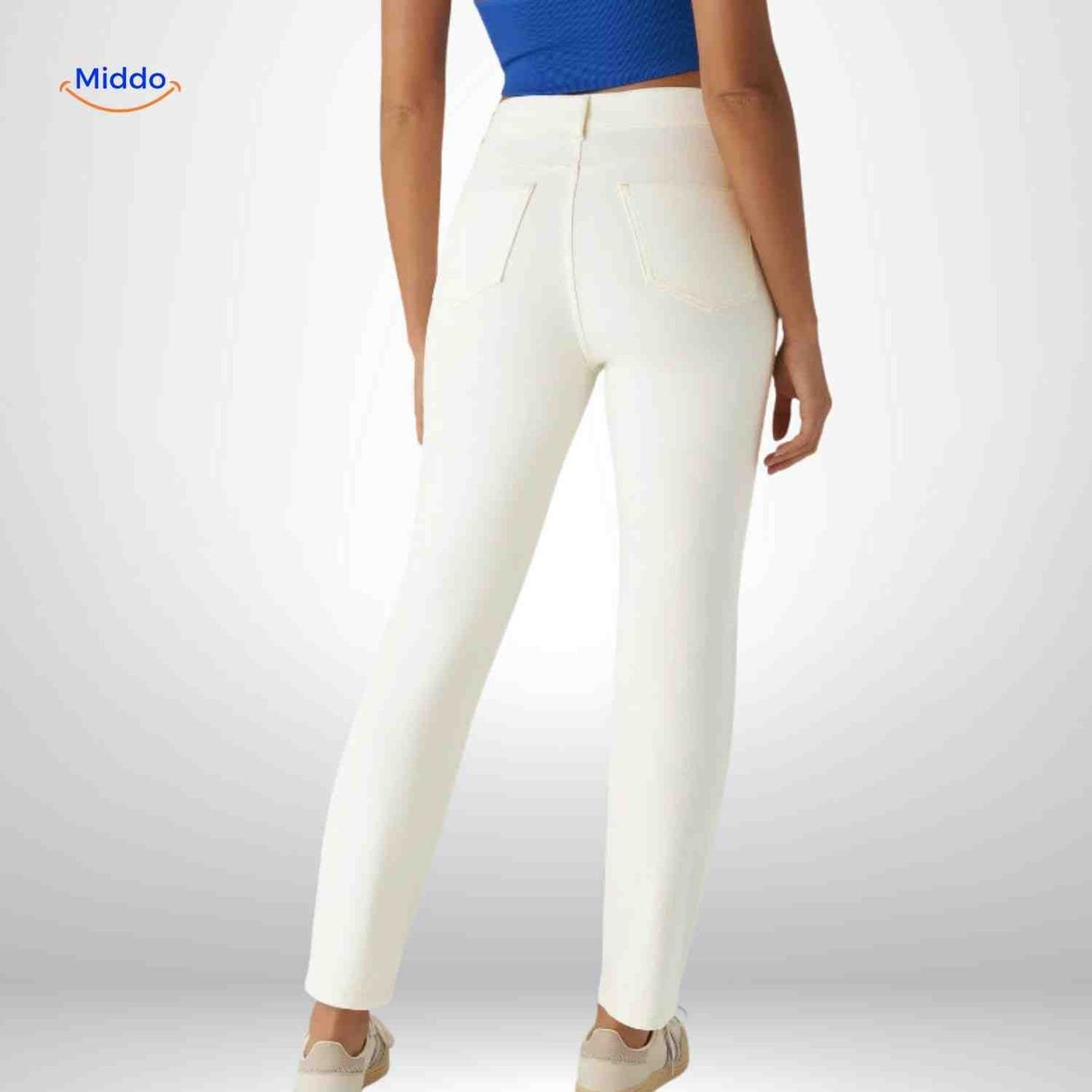 High waist jeans dames met stretch en diepe zakken