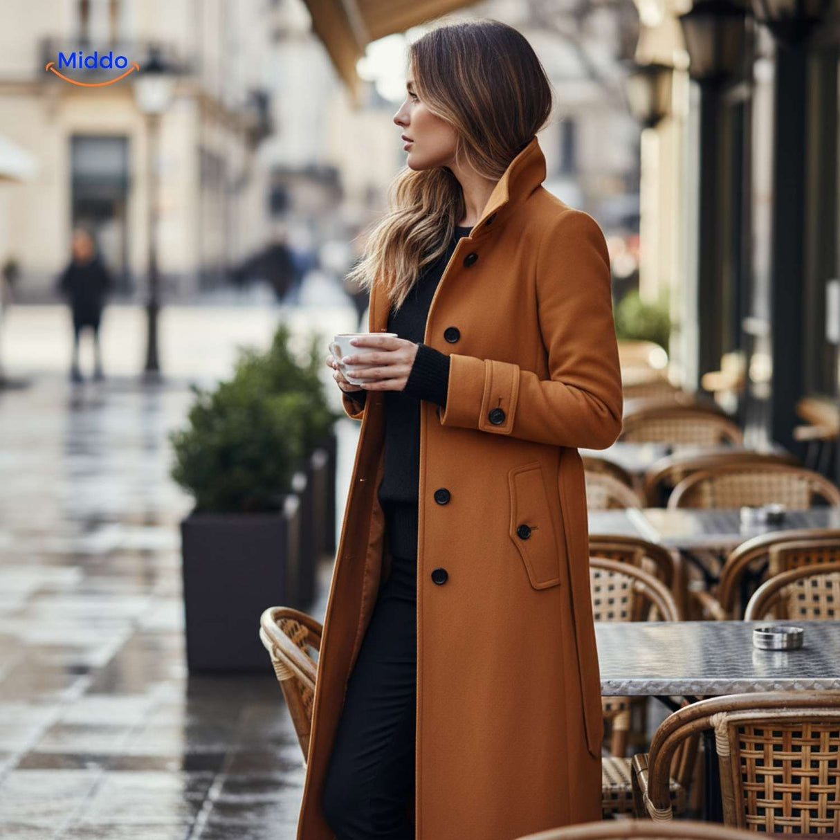 Lange damesmantel met knoopsluiting en opstaande kraag