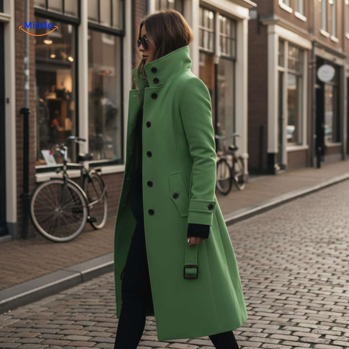 Lange damesmantel met knoopsluiting en opstaande kraag