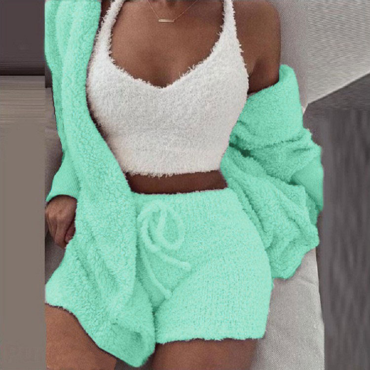 Driedelige loungeset van teddystof: top, short, vest