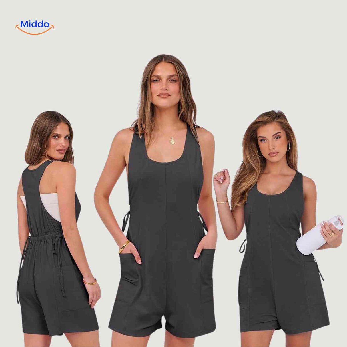 Mouwloze playsuit dames met racerback en steekzakken