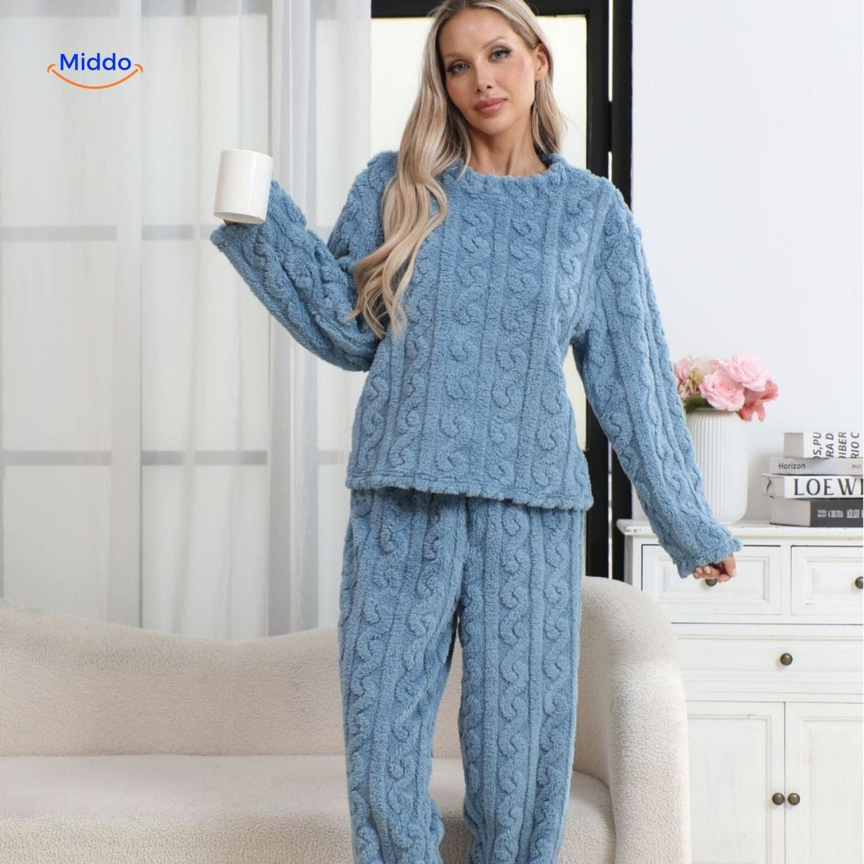Pyjamaset dames van flanellen fleece, top en broek