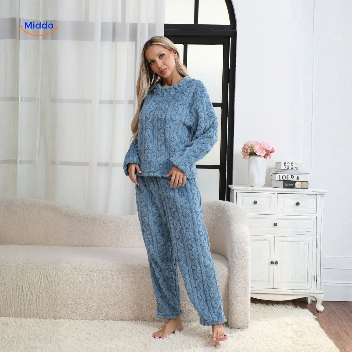 Pyjamaset dames van flanellen fleece, top en broek, kleur blauw