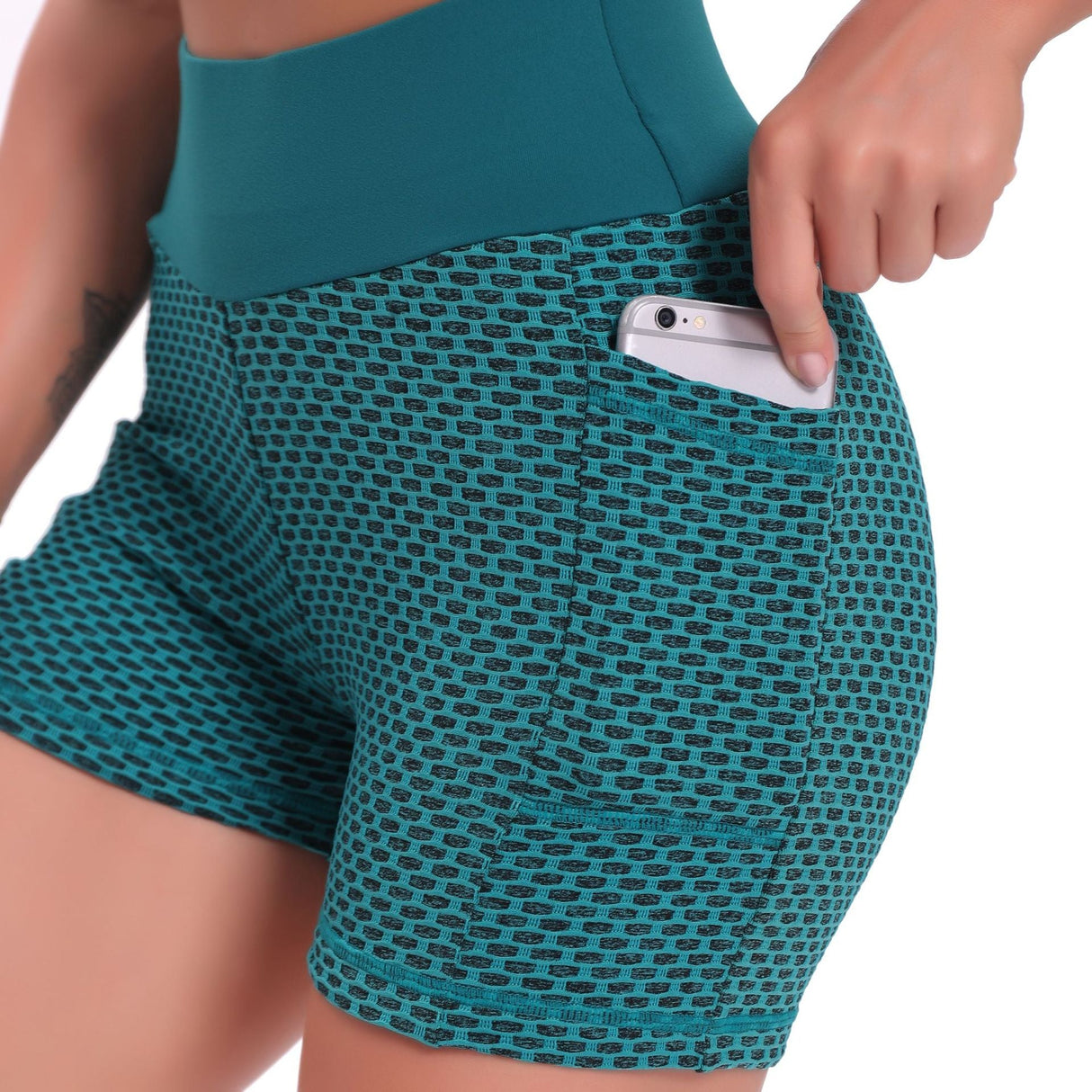 Yoga shorts dames met hoge taille van ademend jacquard, kleur groen