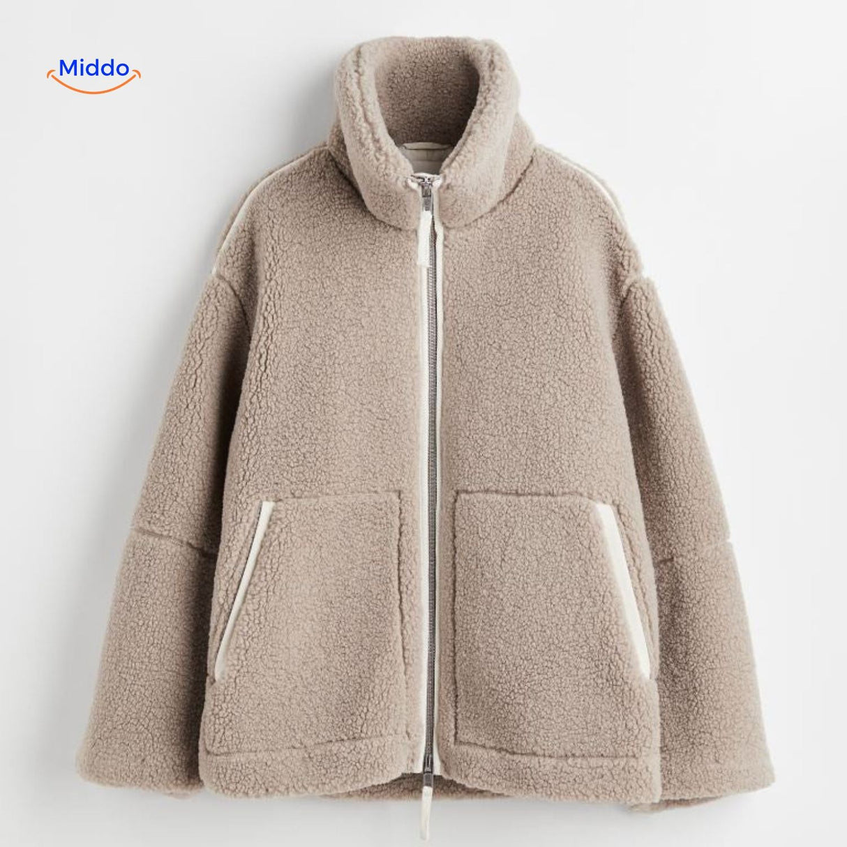Oversized teddyjas met hoge kraag en twee steekzakken