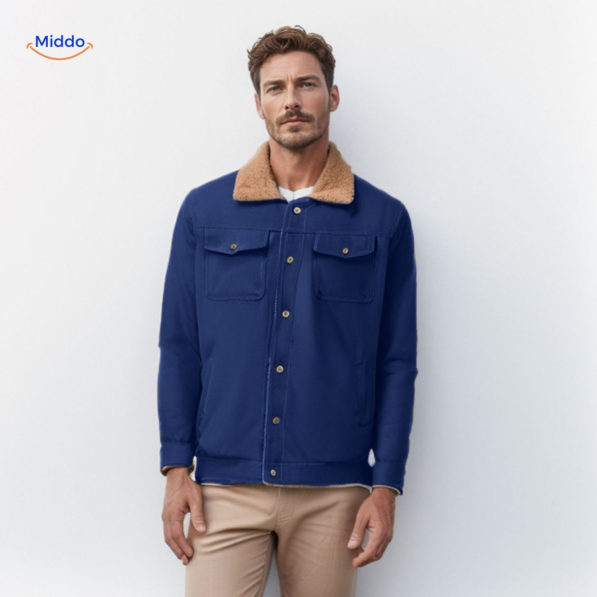 Herenjas met sherpa kraag en voering, met drukknopen, kleur donkerblauw