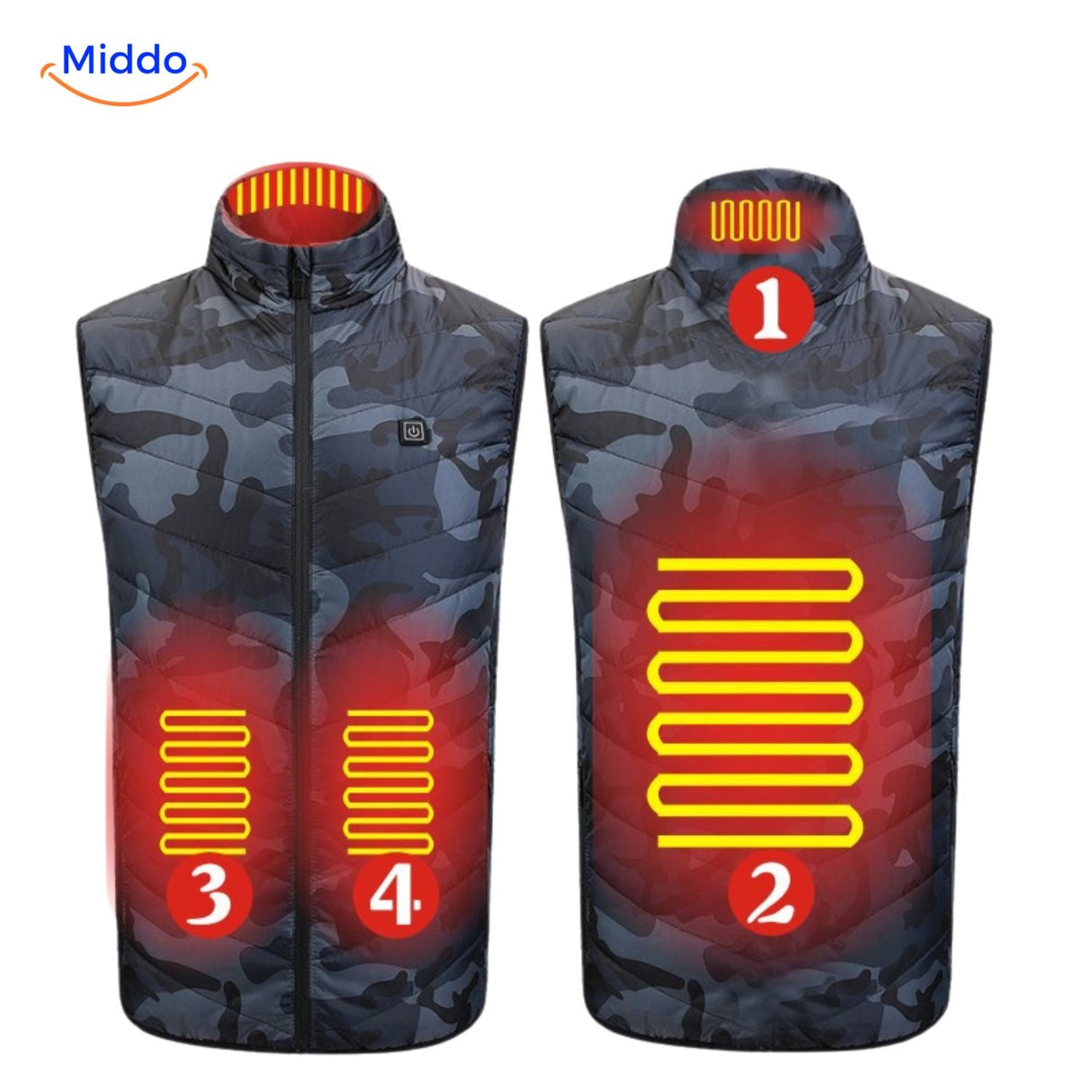 Verwarmde bodywarmer met USB en opstaande kraag, kleur 4 verwarmde zones camouflage
