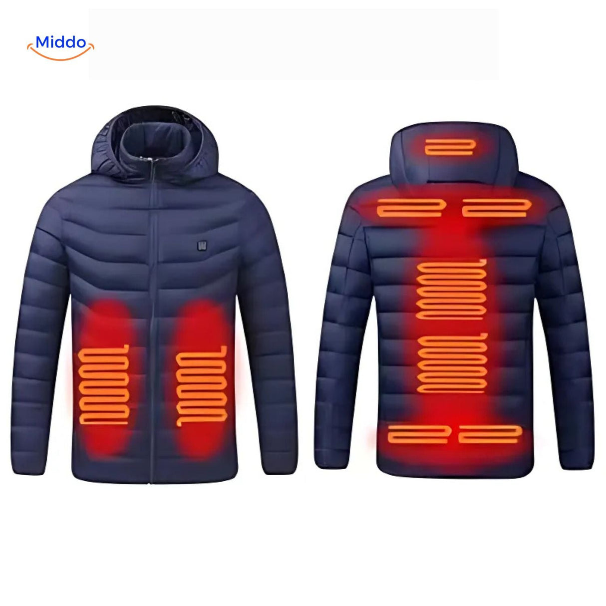 Verwarmde gewatteerde jas met capuchon, 2 tot 15 zones, kleur blauw 9 zones verwarmd