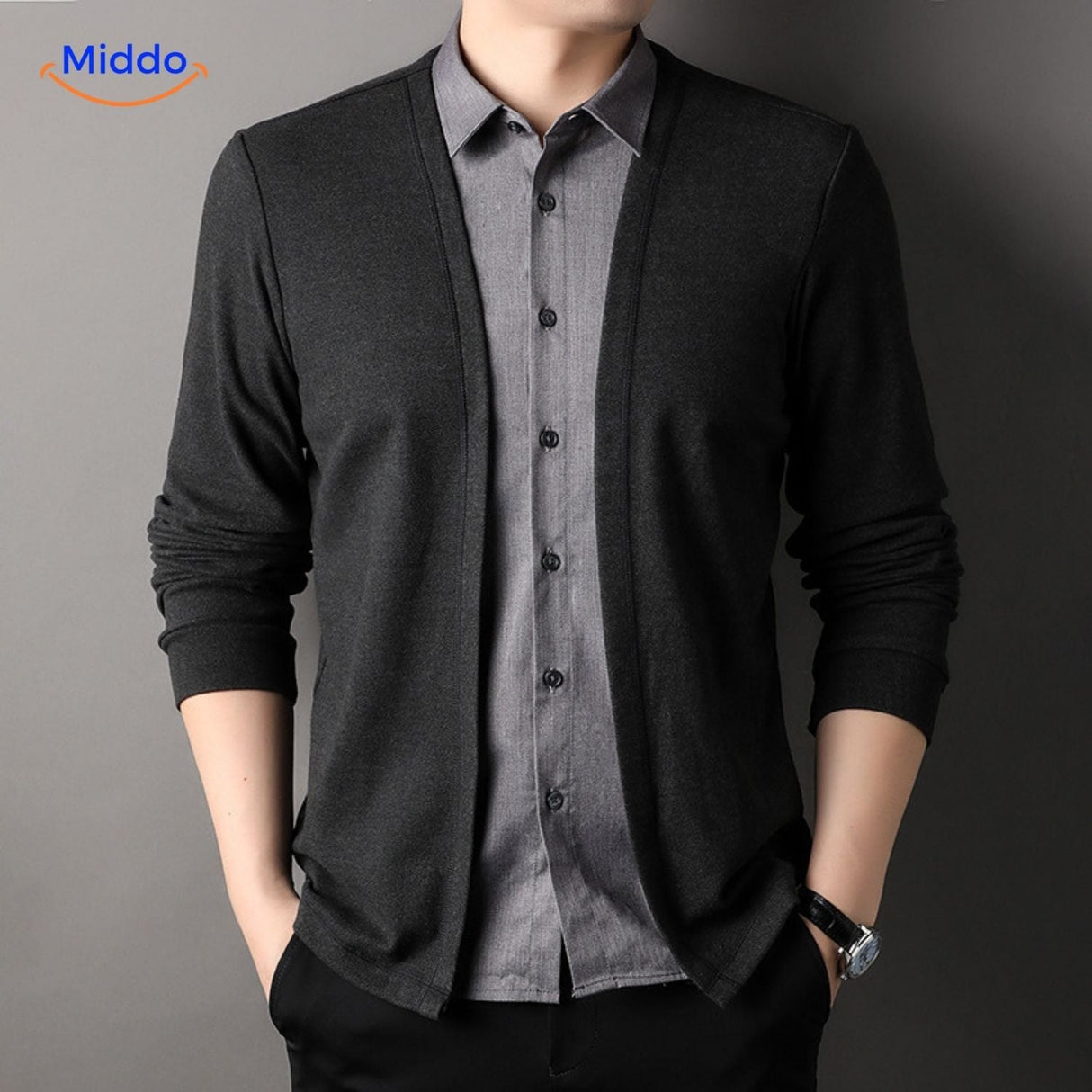 2-in-1 herenvest met ingezet overhemd, slim fit