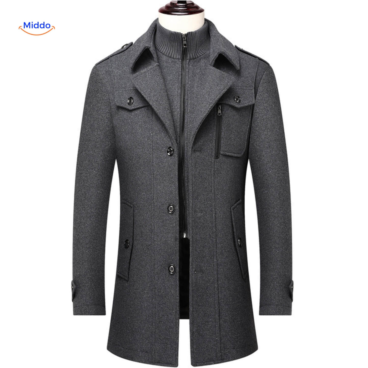Winterjas heren van wolmix, trenchcoat met dubbele kraag, kleur grijs