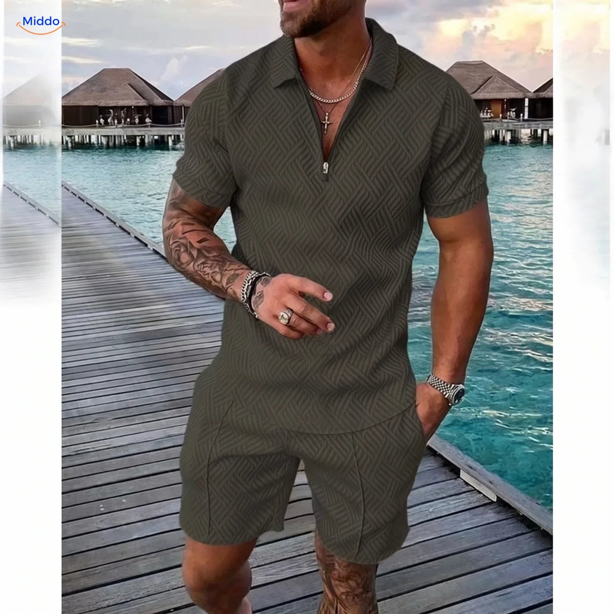 Zomerset heren met ritspolo en bijpassende short, kleur legergroen