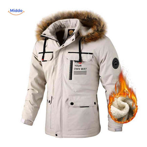 Beige thermische heren parka met bontkraag en voering