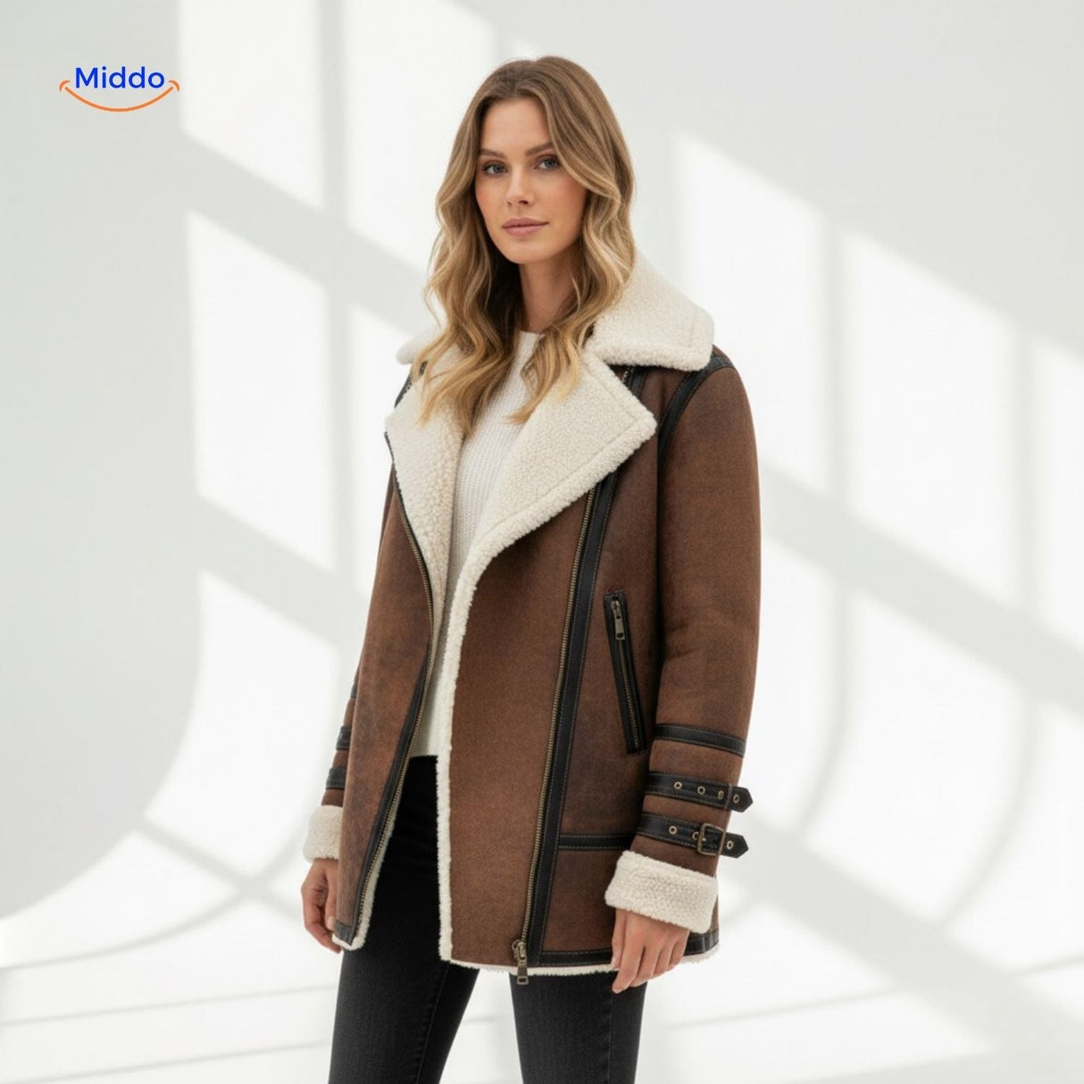 Aviator jack dames met brede kraag van imitatiebont, kleur khaki