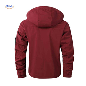 Bordeauxrode waterdichte heren outdoorjas met capuchon en armzak
