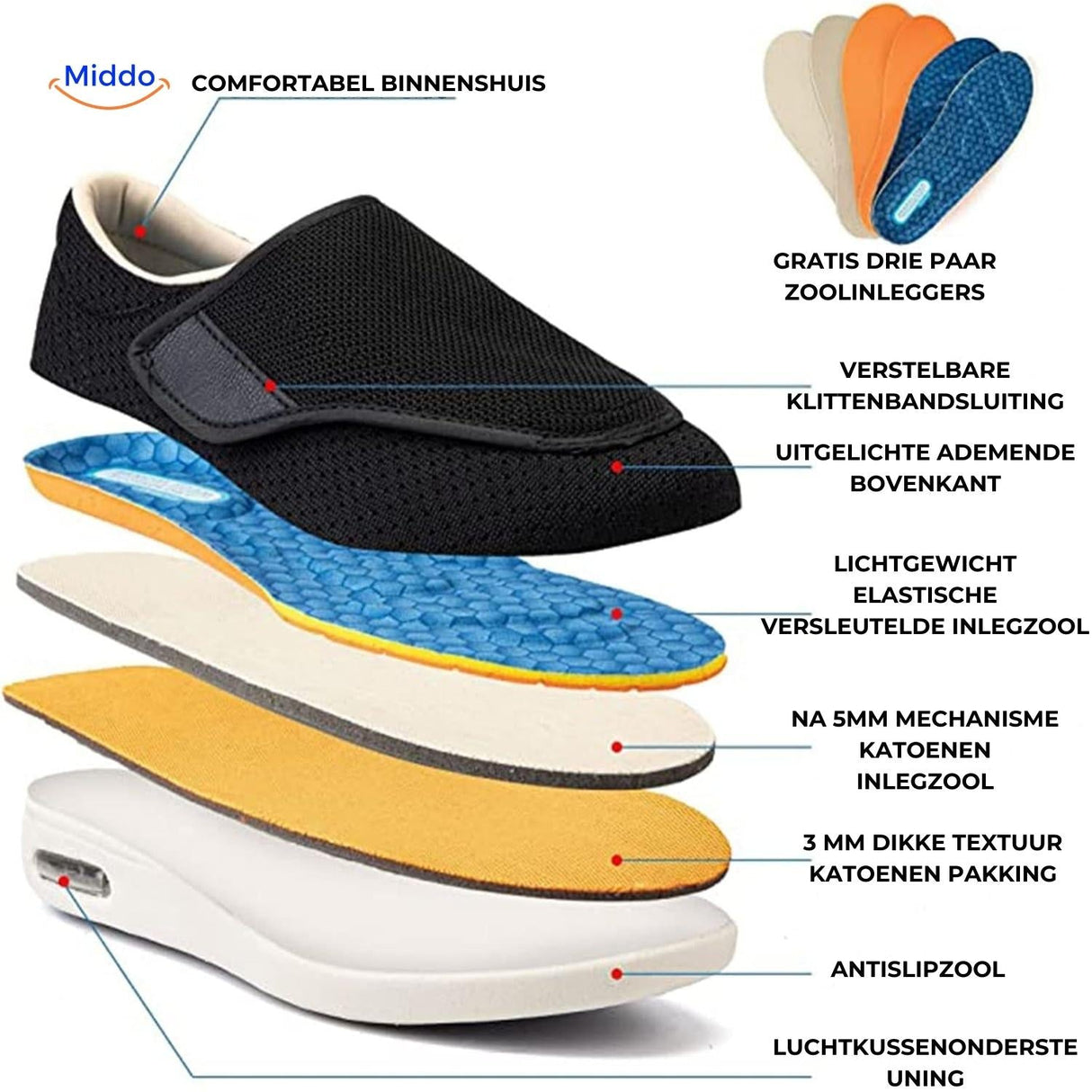 Verstelbare comfortschoenen met extra brede teenbox