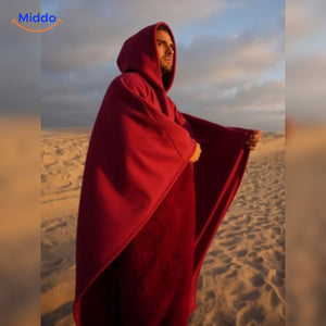 Fleece poncho met capuchon, valt als een deken om