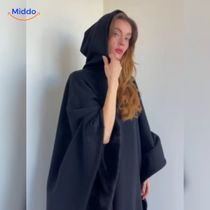 Fleece poncho met capuchon, valt als een deken om