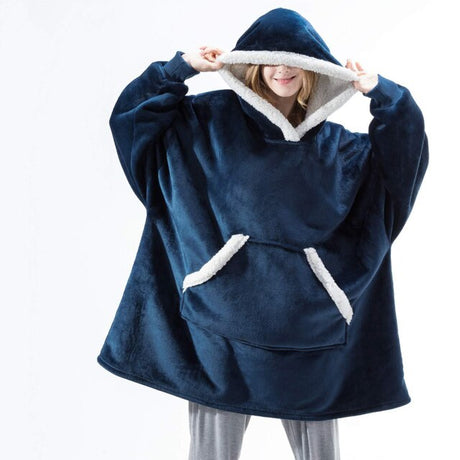 Dekenhoodie one size met fleece buitenkant en sherpa, kleur blauw - witte rand