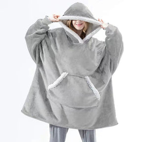 Dekenhoodie one size met fleece buitenkant en sherpa, kleur lichtgrijs - witte rand