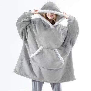 Dekenhoodie one size met fleece buitenkant en sherpa, kleur lichtgrijs - witte rand