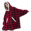 Dekenhoodie one size met fleece buitenkant en sherpa, kleur rood ruit - witte rand