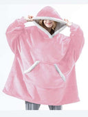 Dekenhoodie one size met fleece buitenkant en sherpa, kleur roze - witte rand