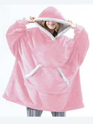 Dekenhoodie one size met fleece buitenkant en sherpa, kleur roze - witte rand