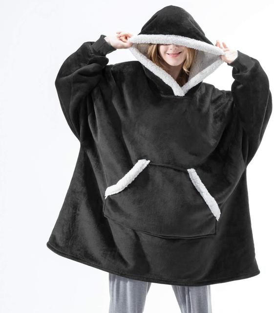 Dekenhoodie one size met fleece buitenkant en sherpa, kleur zwart - witte rand