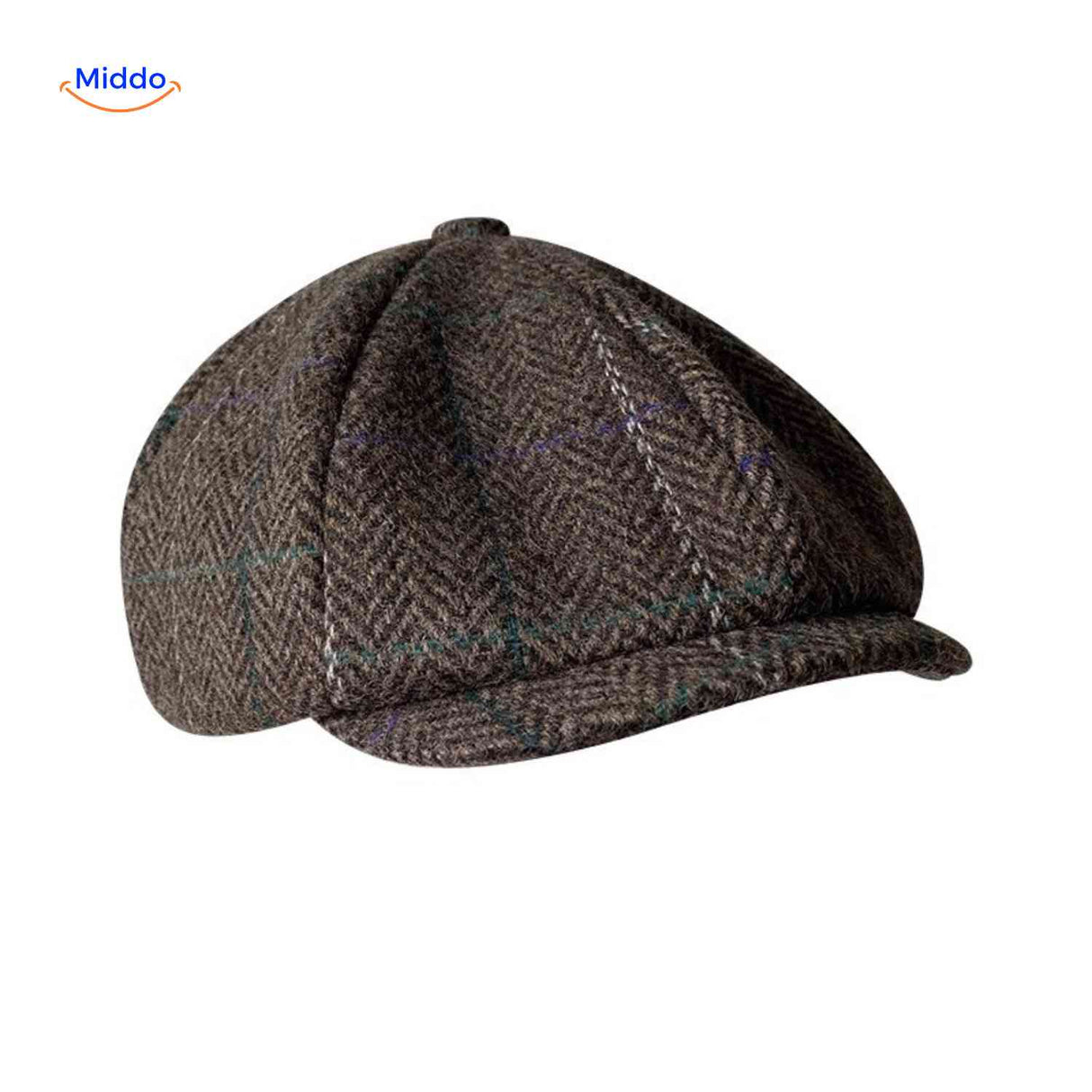 Flat cap van wolmix, 8-panel met knoopdetail, kleur blauw/paars visgraat