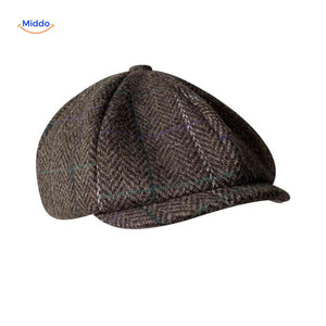 Flat cap van wolmix, 8-panel met knoopdetail, kleur blauw/paars visgraat