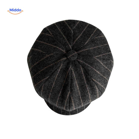 Flat cap van wolmix, 8-panel met knoopdetail, kleur bruin-grijs visgraat
