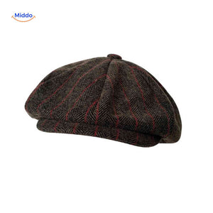 Flat cap van wolmix, 8-panel met knoopdetail, kleur bruin-rood visgraat