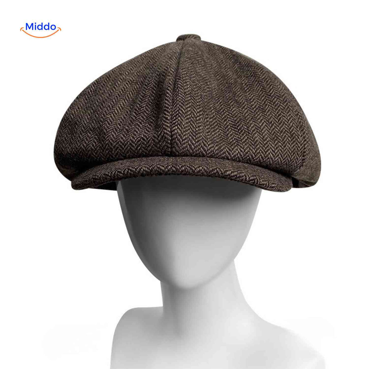 Flat cap van wolmix, 8-panel met knoopdetail, kleur coffee extra fijn visgraat