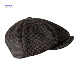 Flat cap van wolmix, 8-panel met knoopdetail, kleur coffee small check