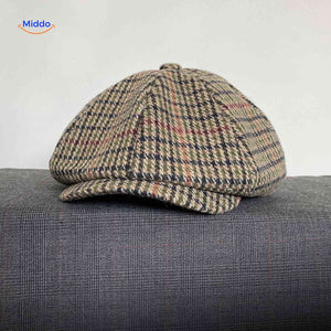 Flat cap van wolmix, 8-panel met knoopdetail, kleur donkergeel/oranje ruit