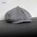 Flat cap van wolmix, 8-panel met knoopdetail, kleur extra fijn zwart/wit pied de poule