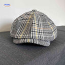 Flat cap van wolmix, 8-panel met knoopdetail, kleur grijs ruit met gele strepen
